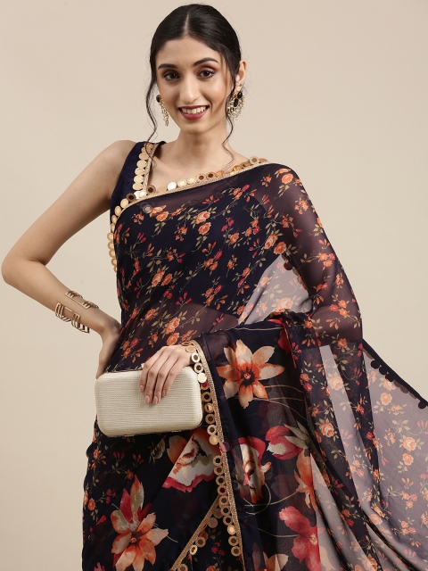 

Tikhi Imli Navy Blue & Orange Floral Patchwork Saree