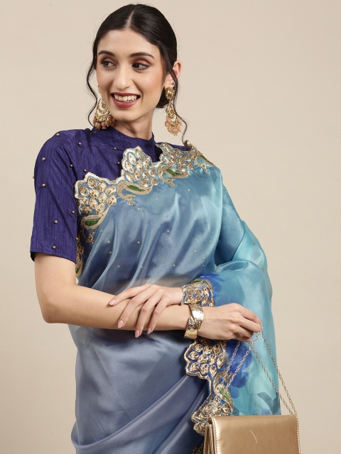 

Tikhi Imli Blue & Grey Floral Embroidered Organza Saree