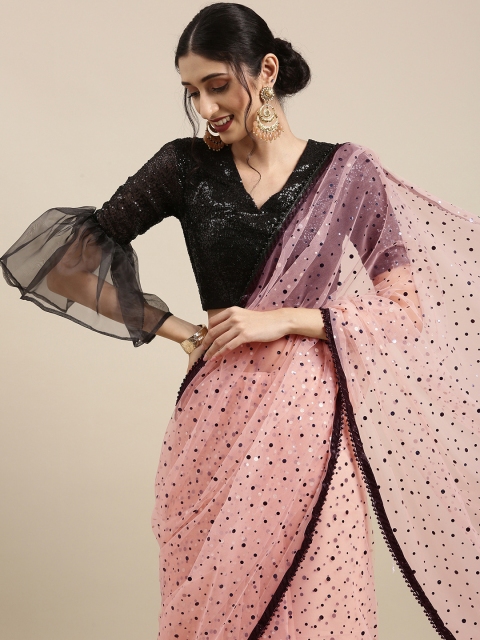 

Tikhi Imli Peach-Coloured Polka Dot Printed Sequinned Net Saree