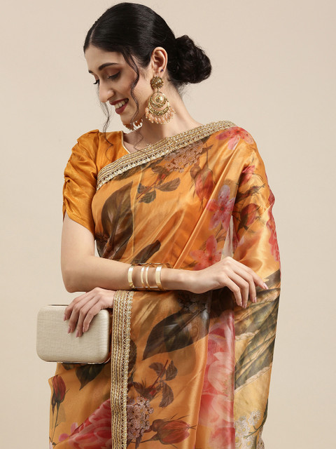 

Tikhi Imli Mustard & Red Floral Organza Saree