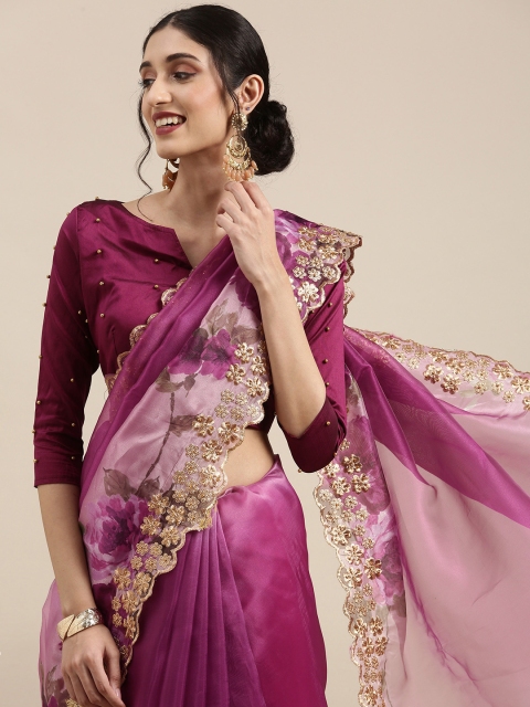 

Tikhi Imli Magenta Floral Embroidered Organza Saree