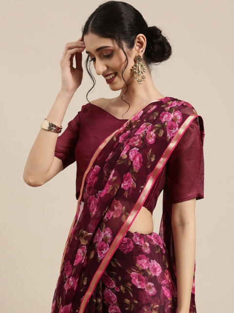 

Tikhi Imli Burgundy Floral Zari Saree