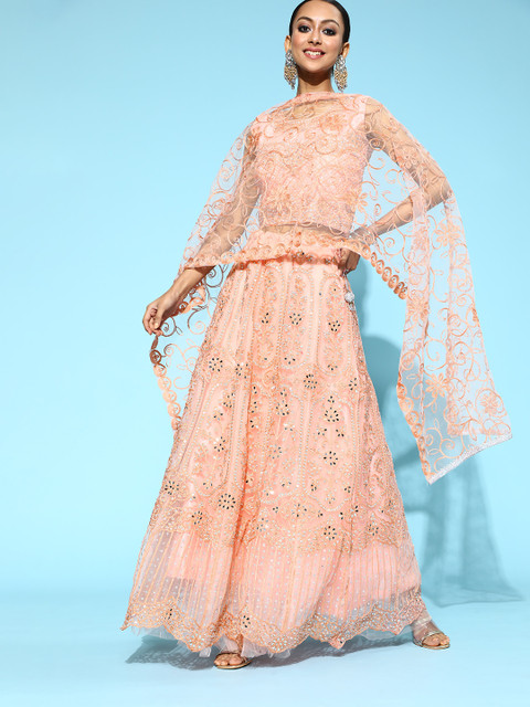 

Chhabra 555 Pink Embroidered Mirror Work Made To Measure Lehenga & Blouse with Dupatta