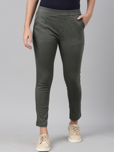 

Go Colors Women Olive Green Slim Fit Cotton Trousers