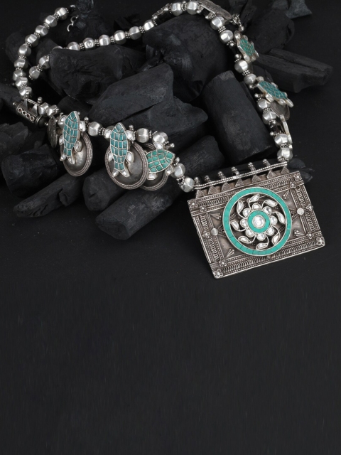 

SANGEETA BOOCHRA Silver-Toned & Sea Green Antique Necklace