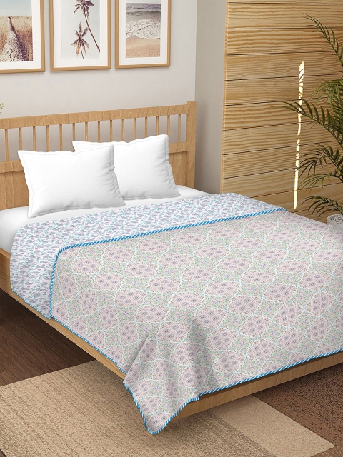 

BELLA CASA White & Blue Floral AC Room 180 GSM Pure Cotton Reversible Double Bed Dohar