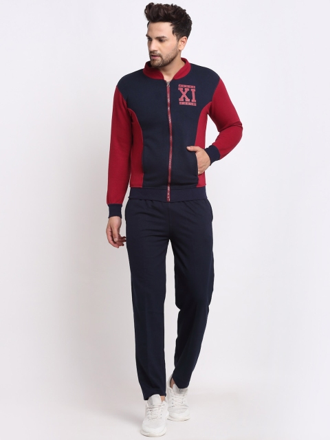 

VIMAL JONNEY Men Maroon & Navy Blue Cotton Tracksuit