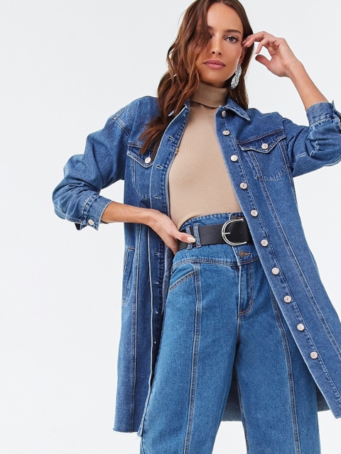

FOREVER 21 Women Blue Washed Longline Denim Jacket