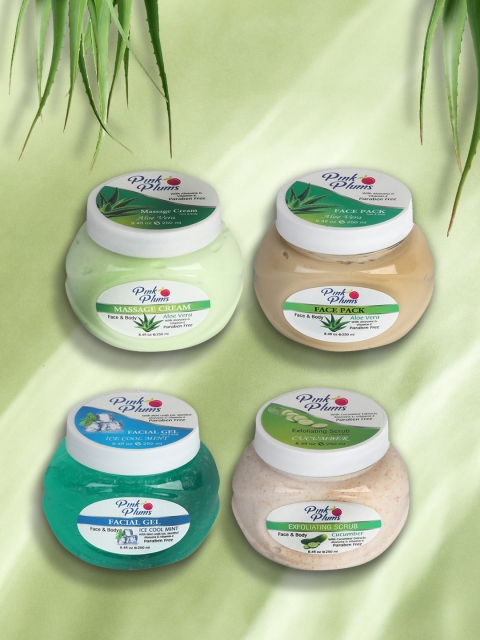 

Pink Plums Set of 4 Facial Kit - Aloevera Cream & Face Pack, Ice Cool Gel & Cucumber Scrub, Multi
