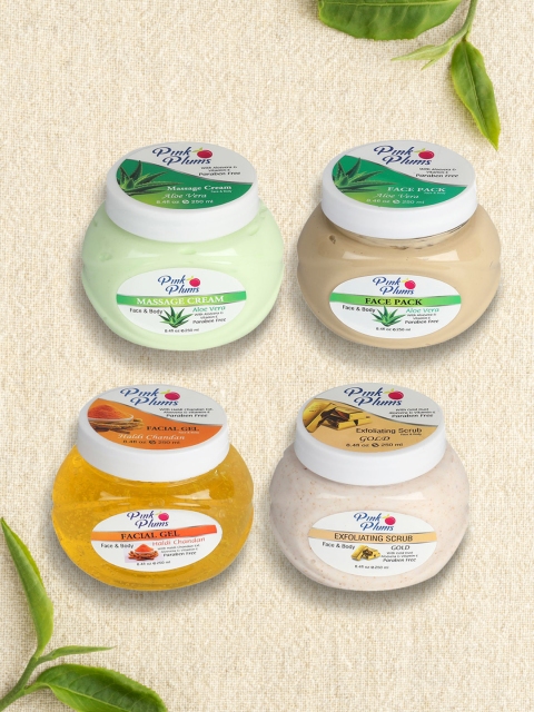 

Pink Plums Set of 4 Facial Kit - Cream & Face Pack, Haldi & Chandan Gel & Gold Scrub, Multi