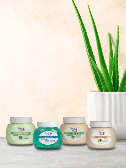 

Pink Plums Set of 4 Facial Kit - Aloevera Cream & Face Pack, Ice Cool Gel & Gold Scrub, Multi