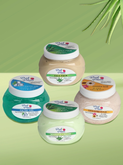 

Pink Plums Set of 4 Facial Kit - Aloevera Cream & Face Pack, Ice Cool Gel & DTan Scrub, Multi