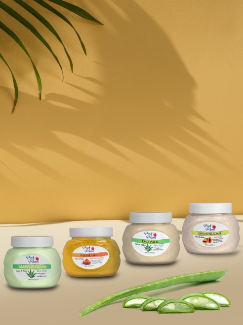 

Pink Plums Set of 4 Facial Kit - Cream & Face Pack, Haldi & Chandan Gel & Papaya Scrub, Multi