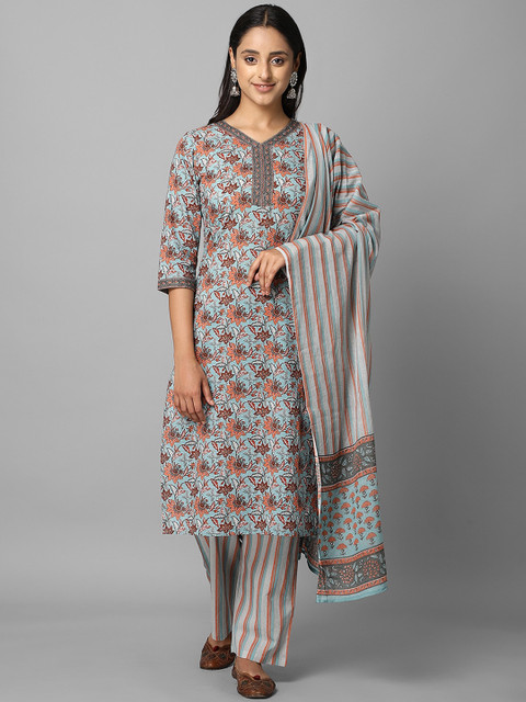 

Azira Women Grey Ethnic Motifs Printed Regular Pure Cotton Kurta with Palazzos & With Dupatta