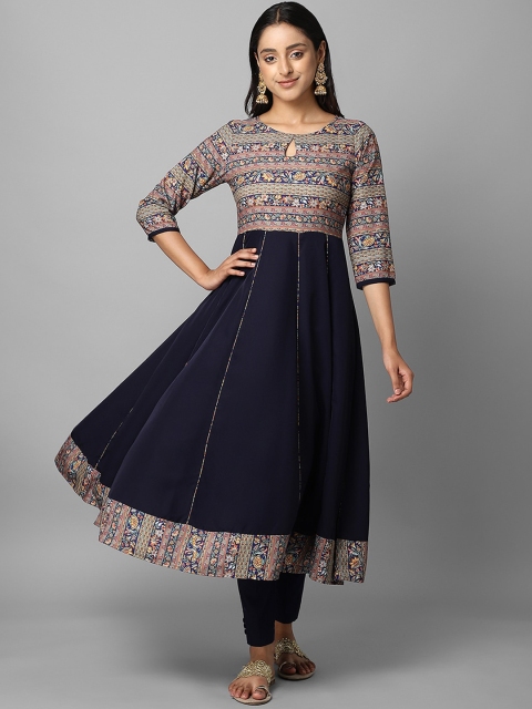

Azira Women Navy Blue Ethnic Motifs Yoke Design Keyhole Neck Anarkali Kurta