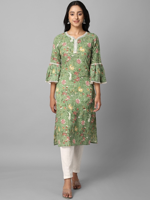 

Azira Women Green & White Floral Printed Bell Sleeves Kurta