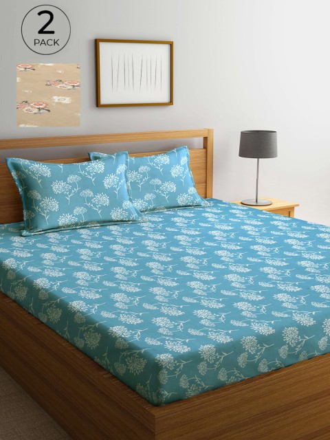 

Arrabi Pack Of 2 Blue & White Floral 300 TC 2 King Bedsheet with 4 Pillow Covers