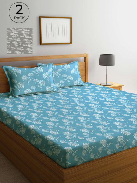 

Arrabi Pack Of 2 Blue & Grey Floral 300 TC 2 King Bedsheet with 4 Pillow Covers