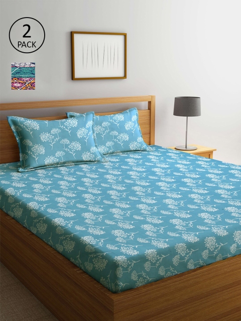 

Arrabi Pack Of 2 Floral Printed 300 TC 2 King Bedsheet with 4 Pillow Covers, Blue