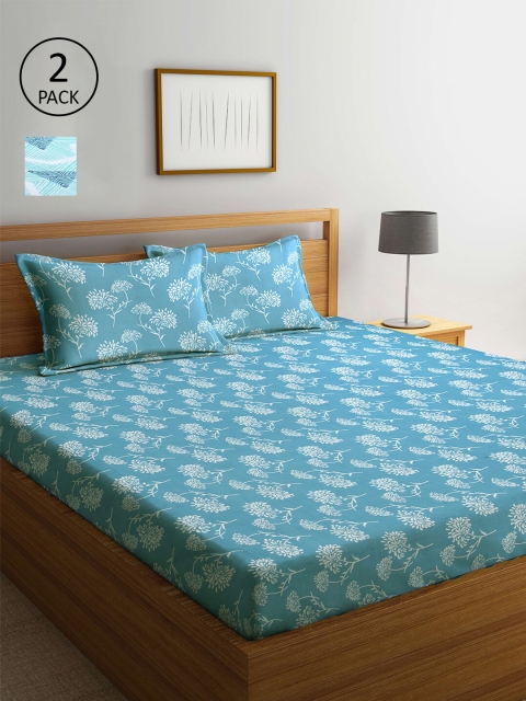 

Arrabi Pack Of 2 Blue & White Geometric 300 TC 2 King Bedsheet with 4 Pillow Covers