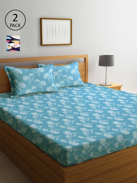 

Arrabi Pack Of 2 Blue & White Floral 300 TC King Bedsheet with 4 Pillow Covers