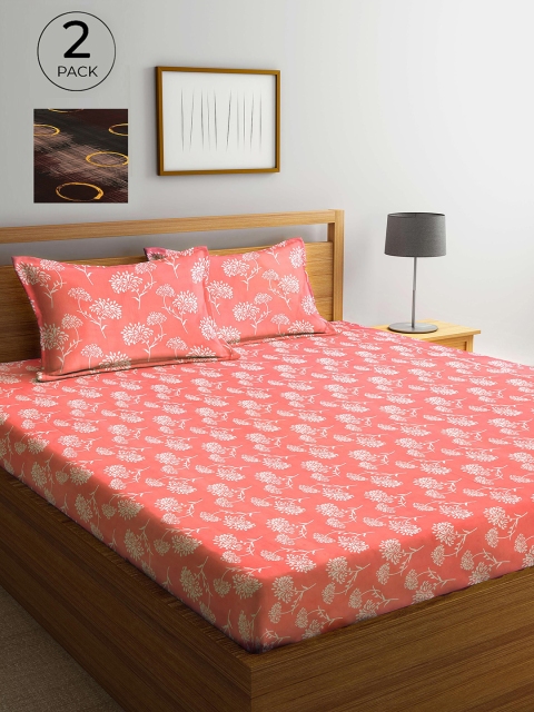 

Arrabi Set Of 2 Brown & Peach-Coloured Floral 300 TC 2 King Bedsheet with 4 Pillow Covers
