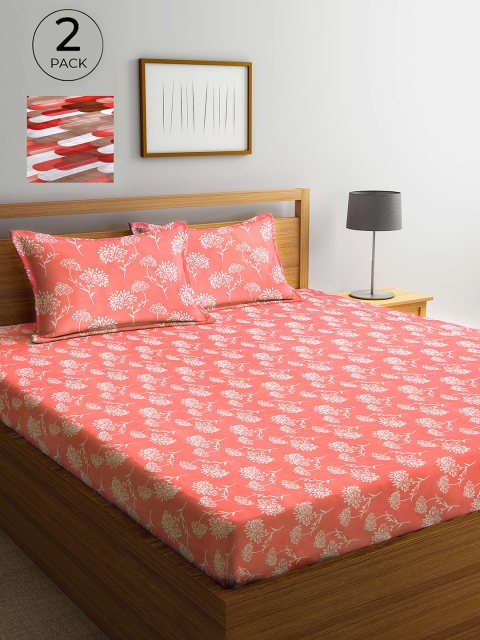 

Arrabi Set Of 2 Red & Peach-Coloured Floral 300 TC 2 King Bedsheet with 4 Pillow Covers