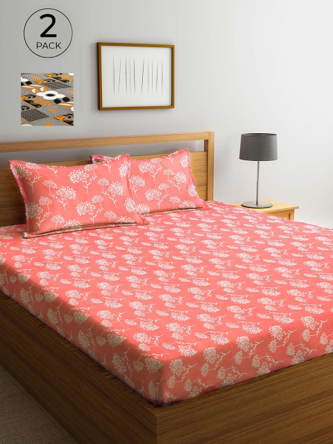 

Arrabi Set Of 2 Pink & Grey Floral 300 TC 2 King Bedsheet with 4 Pillow Covers