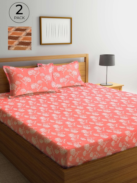

Arrabi Set Of 2 Brown & Pink Floral 300 TC 2 King Bedsheet with 4 Pillow Covers