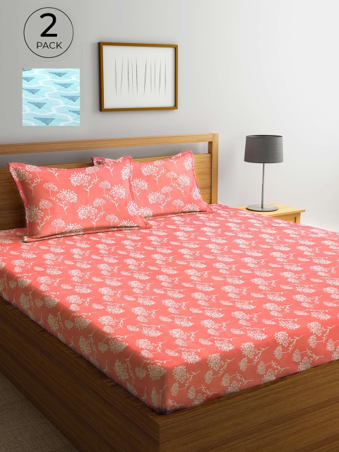 

Arrabi Set Of 2 Blue & Pink Floral 300 TC 2 King Bedsheet with 4 Pillow Covers