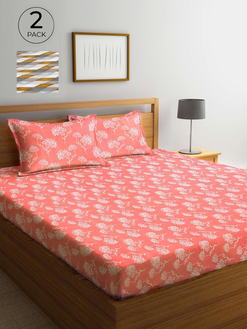 

Arrabi Set Of 2 Mustard & Pink Floral 300 TC 2 King Bedsheet with 4 Pillow Covers