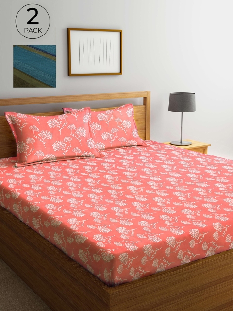 

Arrabi Set Of 2 Pink & Blue Floral 300 TC 2 King Bedsheet with 4 Pillow Covers