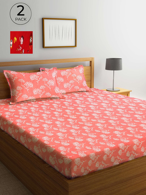 

Arrabi Set Of 2 Pink & Red Floral 300 TC 2 King Bedsheet with 4 Pillow Covers