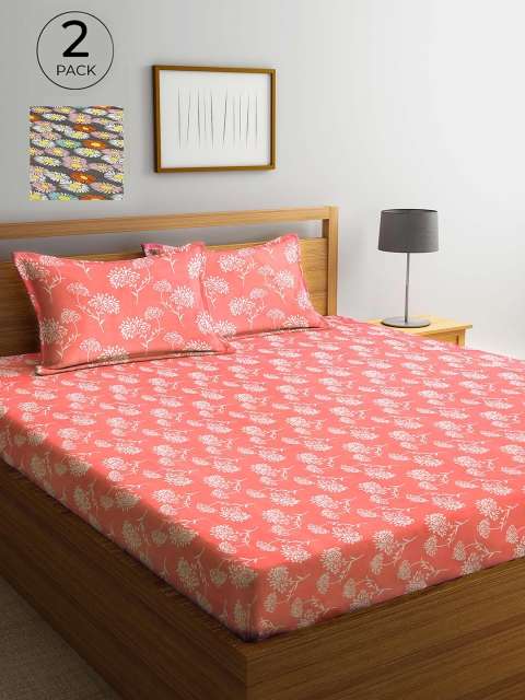 

Arrabi Set Of 2 Grey & Pink Floral 300 TC 2 King Bedsheet with 4 Pillow Covers