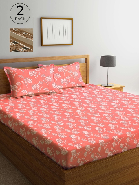 

Arrabi Set Of 2 Brown & Pink Floral 300 TC 2 King Bedsheet with 4 Pillow Covers