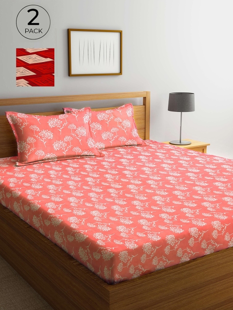 

Arrabi Set Of 2 Maroon & Pink Floral 300 TC 2 King Bedsheet with 4 Pillow Covers