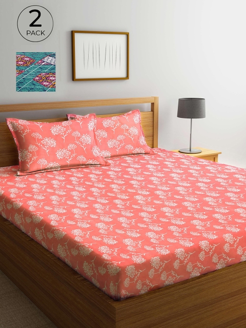 

Arrabi Set Of 2 Green & Pink Floral 300 TC 2 King Bedsheet with 4 Pillow Covers