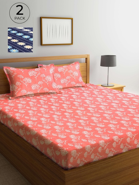 

Arrabi Set Of 2 Pink & Blue Floral 300 TC 2 King Bedsheet with 4 Pillow Covers