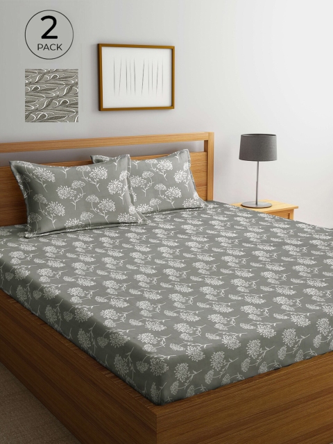 

Arrabi Set Of 2 Grey & White Floral 300 TC 2 King Bedsheet with 4 Pillow Covers