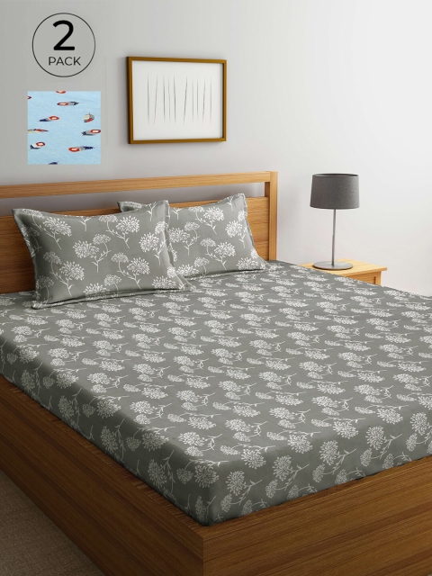 

Arrabi Set Of 2 Grey & Blue Floral 300 TC 2 King Bedsheet with 4 Pillow Covers