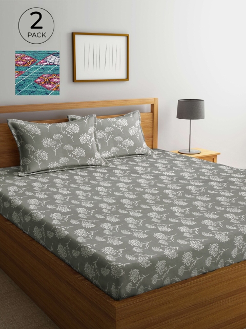 

Arrabi Set Of 2 Grey & Green Floral 300 TC 2 King Bedsheet with 4 Pillow Covers