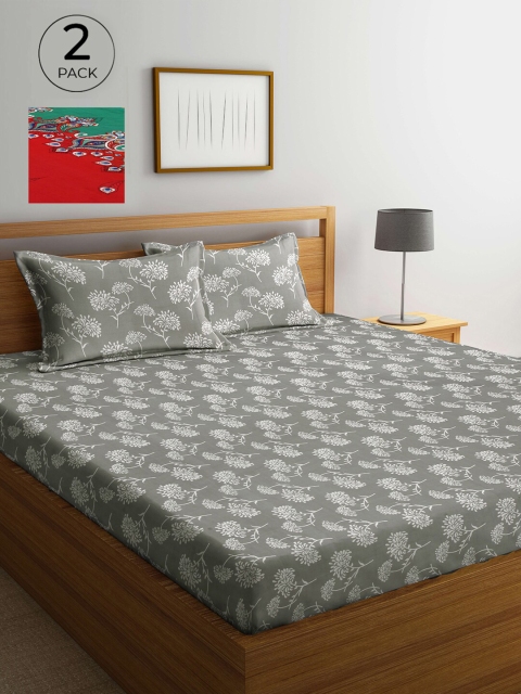 

Arrabi Set Of 2 Grey & Red Floral 300 TC 2 King Bedsheet with 4 Pillow Covers
