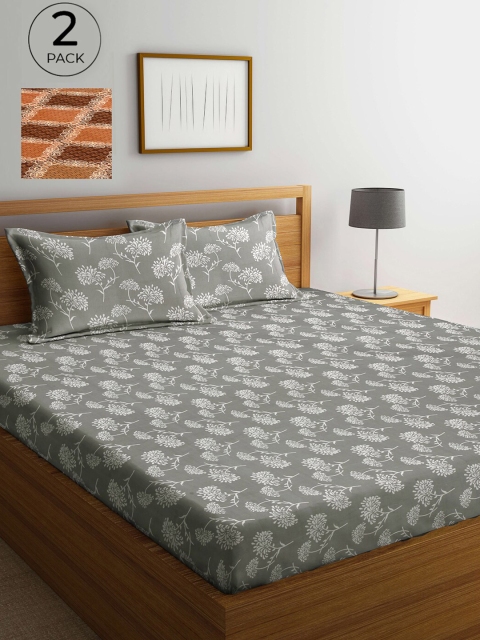 

Arrabi Set Of 2 Brown & Grey Floral 300 TC 2 King Bedsheet with 4 Pillow Covers