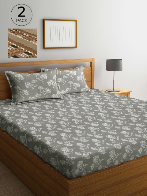 

Arrabi Set Of 2 Brown & Grey Floral 300 TC 2 King Bedsheet with 4 Pillow Covers