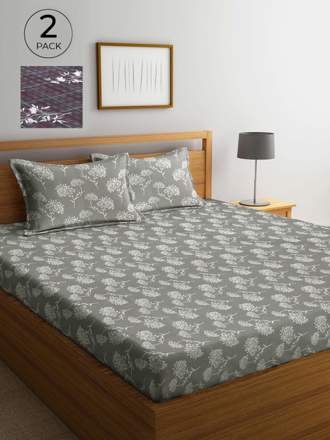 

Arrabi Set Of 2 Grey & White Floral 300 TC 2 King Bedsheet with 4 Pillow Covers