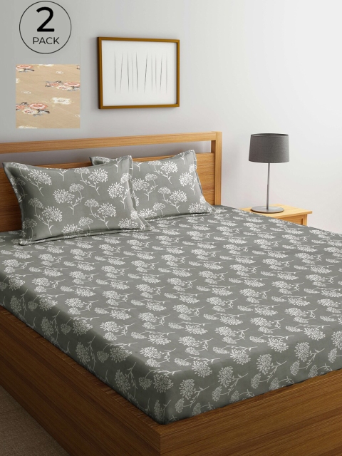 

Arrabi Set Of 2 Brown & Grey Floral 300 TC 2 King Bedsheet with 4 Pillow Covers