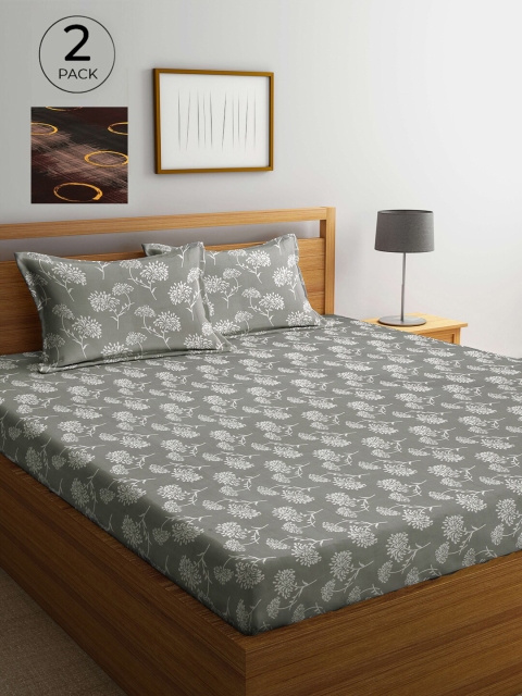 

Arrabi Set Of 2 Grey & Brown Floral 300 TC 2 King Bedsheet with 4 Pillow Covers