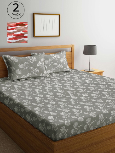 

Arrabi Set Of 2 Red & Grey Floral 300 TC 2 King Bedsheet with 4 Pillow Covers
