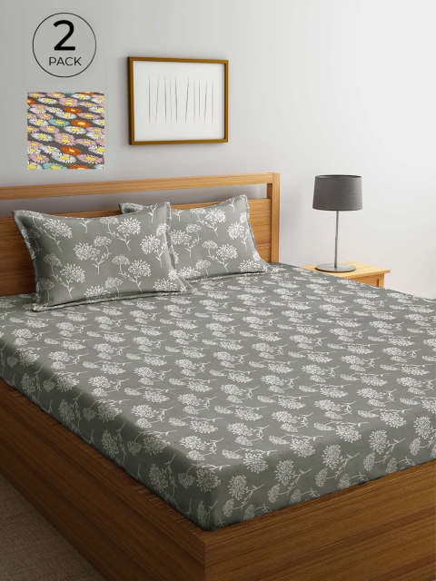 

Arrabi Set Of 2 Grey & White Floral 300 TC 2 King Bedsheet with 4 Pillow Covers