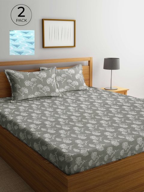 

Arrabi Set Of 2 Grey & Blue Floral 300 TC 2 King Bedsheet with 4 Pillow Covers